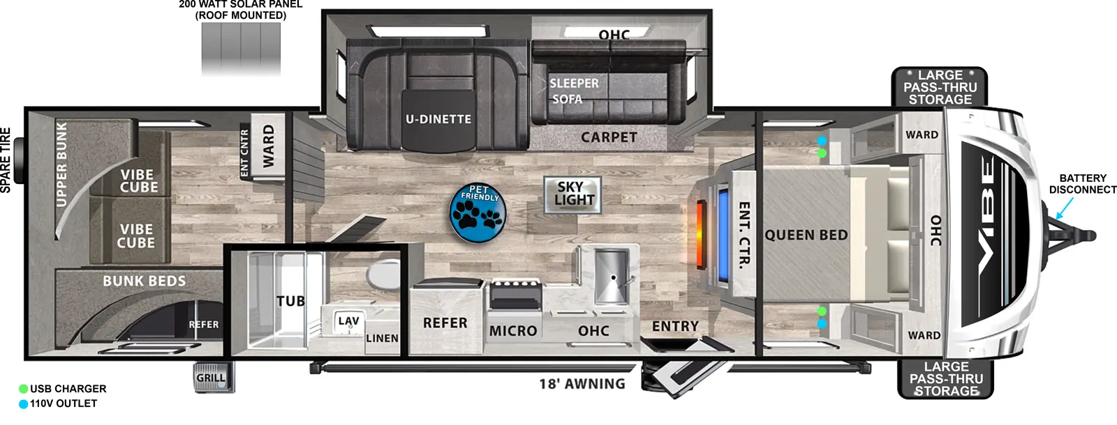 The 28QB has one slideout and one entry. Exterior features battery disconnect, front pass-thru storage, 18 foot awning, grill and refrigerator, spare tire, and 200 watt roof-mounted solar panel. Interior layout front to back: foot-facing queen bed with overhead cabinet and wardrobes on each side; island entertainment center; off-door side slideout with sleeper sofa, overhead cabinet, carpet, and u-dinette; door side entry, peninsula kitchen counter with sink wraps to door side with overhead cabinet, sky light, microwave, cooktop, and refrigerator; door side full bathroom with linen closet; rear bunk room with off-door side wardrobe/entertainment center, door side bunk beds, and rear upper bunk with vibe cubes below. Pet friendly RV.